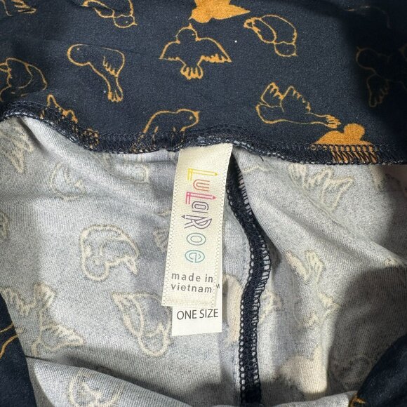 LuLaRoe DOVES BIRDS Dark Navy Blue Yellow Gold Leggings One Size OS LLR NEW - Picture 3 of 6
